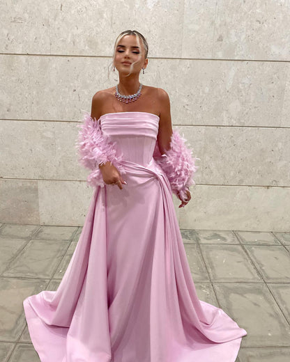 Strapless Corset Satin Gown with Feather Shawl