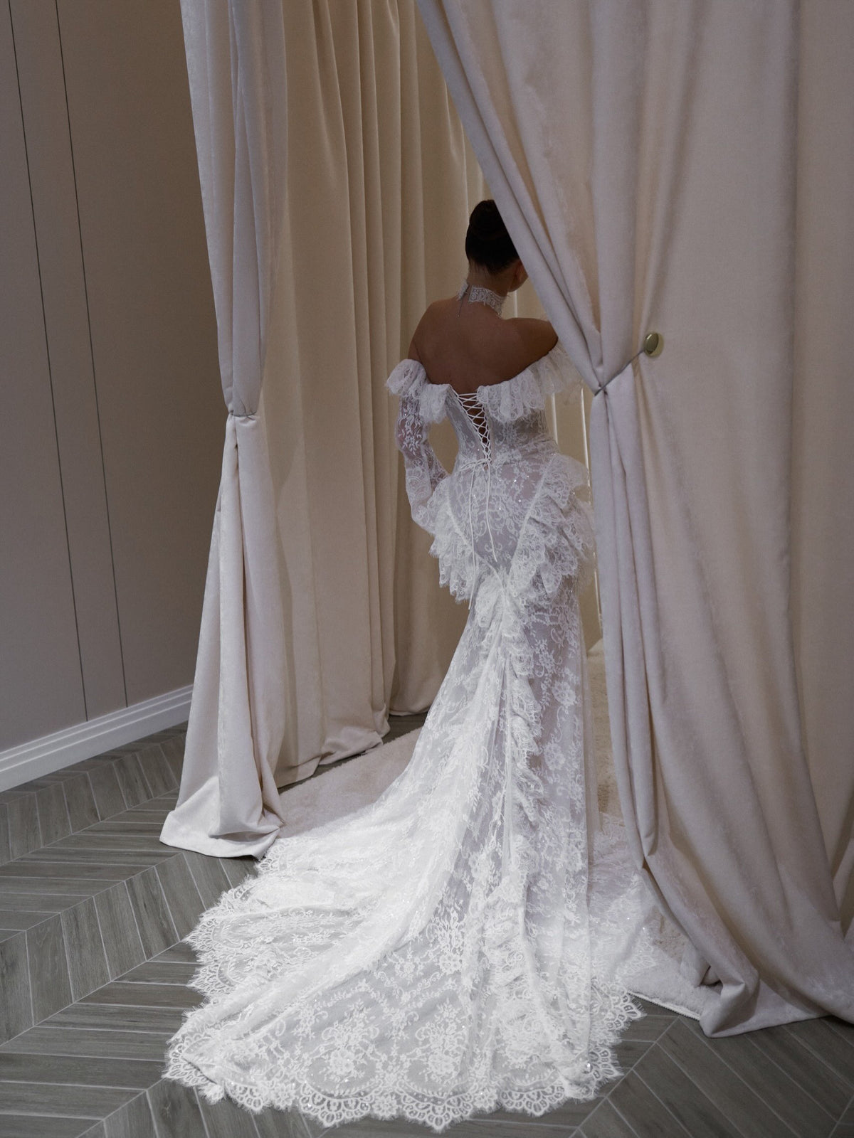 Off-the-Shoulder Ruffled Lace Wedding Dress