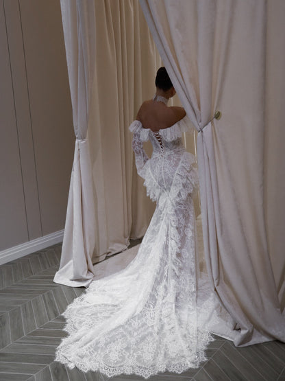 Off-the-Shoulder Ruffled Lace Wedding Dress