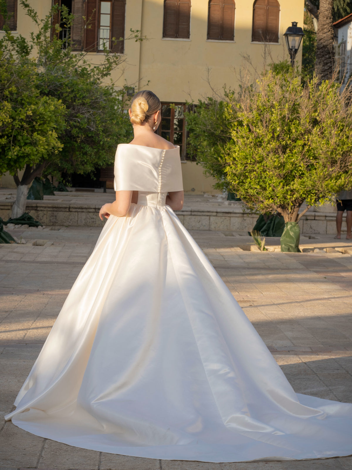 Off-the-Shoulder Satin Ball Gown Wedding Dress