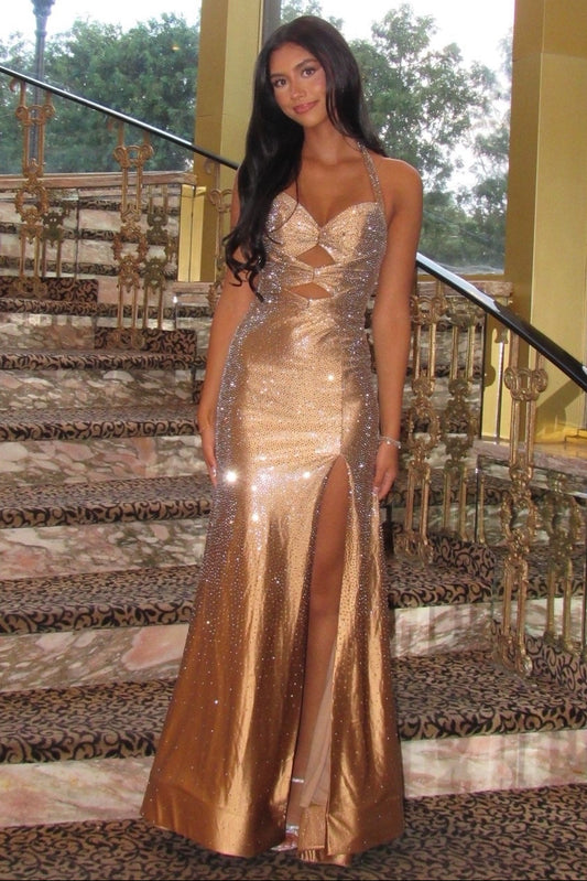 Halter Cut-Out Mermaid Evening Gown with Slit