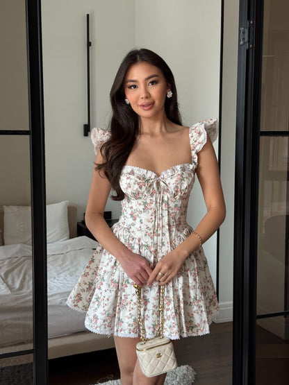 Floral Corset Mini Dress with Flutter Sleeves