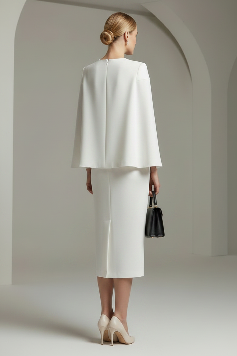 Cape Sleeve Bow Waist Midi Sheath Dress