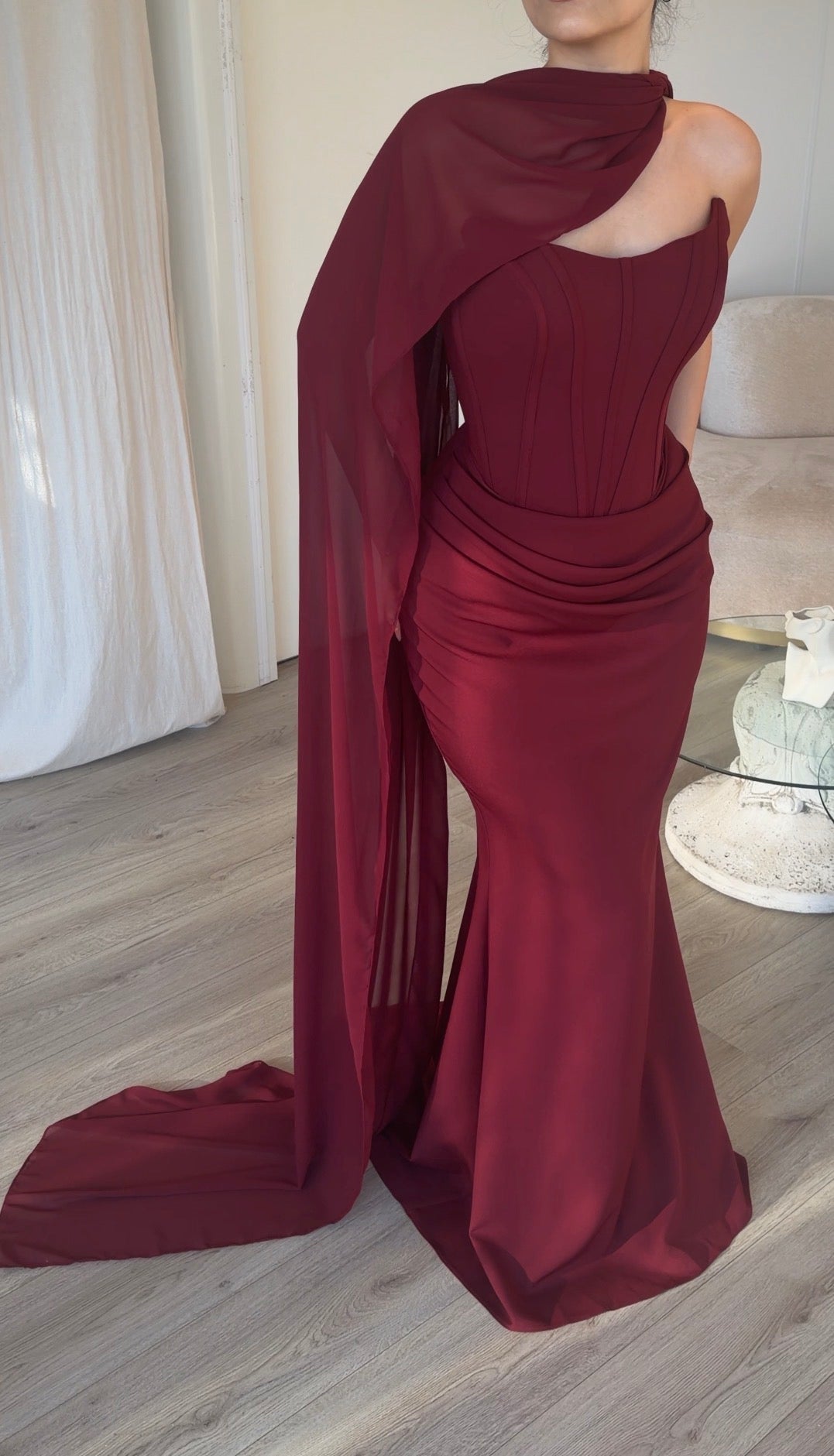 Corset Mermaid Evening Gown with Draped Cape