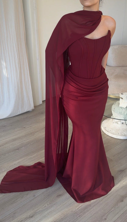 Corset Mermaid Evening Gown with Draped Cape