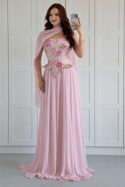 Floral Corset Evening Gown with Matching Shawl