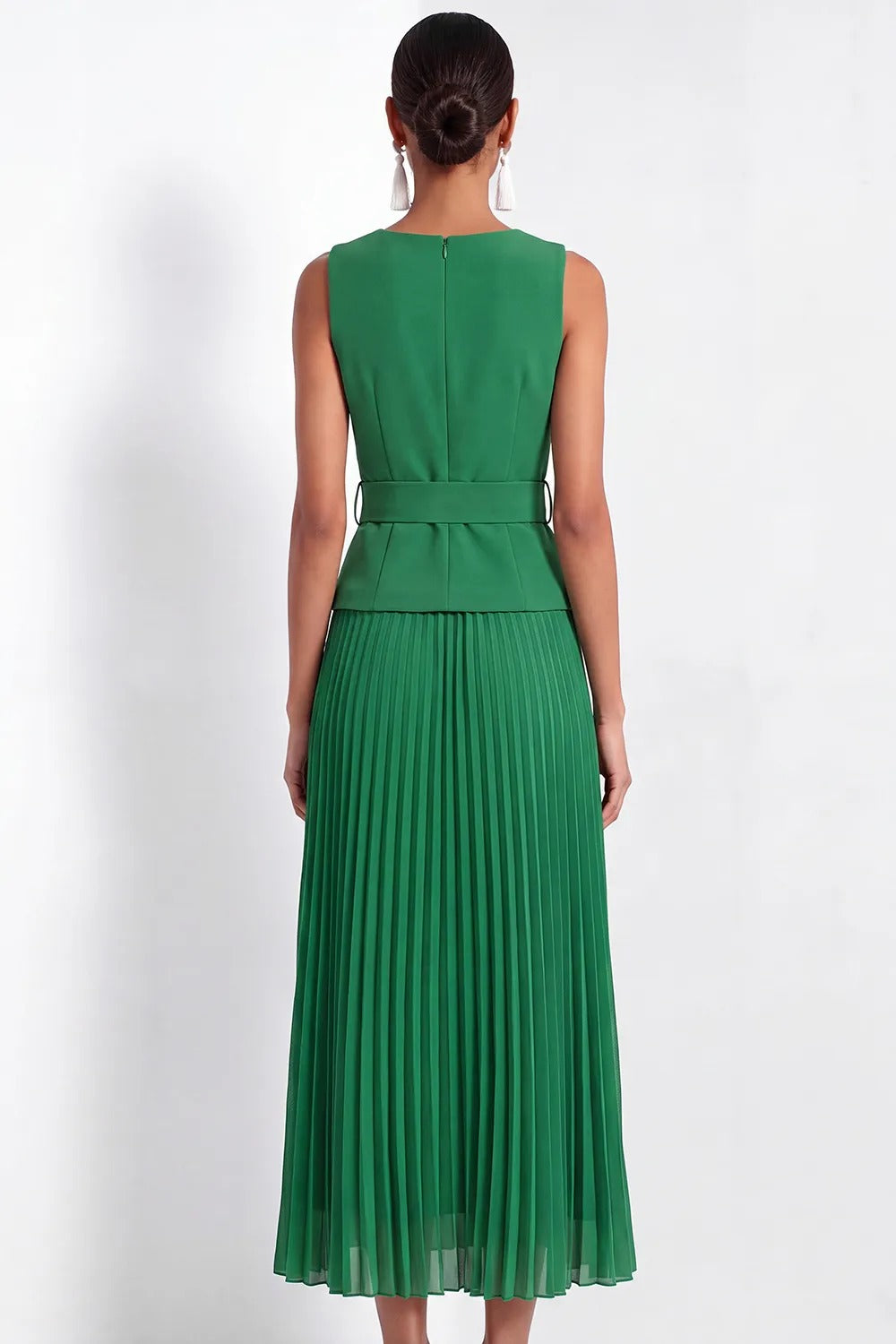 Sleeveless V-Neck Peplum Midi Dress with Belt