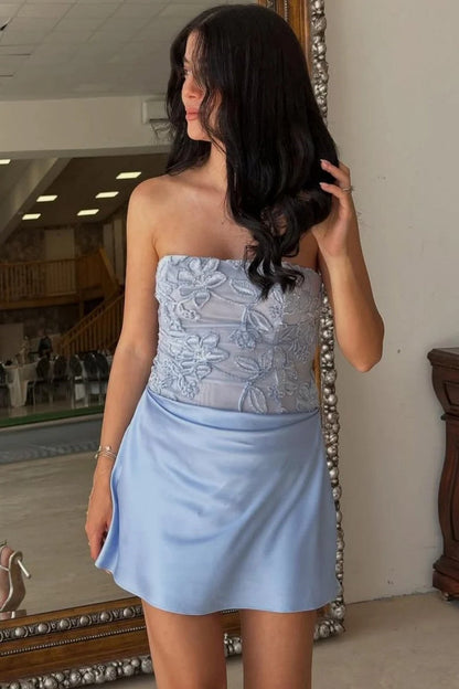 Strapless Floral Lace Bodice Mini Dress