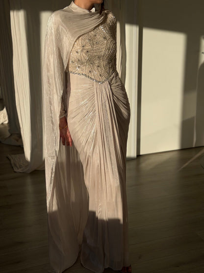 Beaded Bodice Draped Evening Gown with Cape