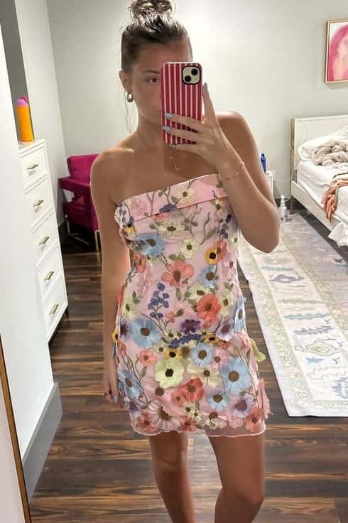 Strapless 3D Floral Applique Mini Dress