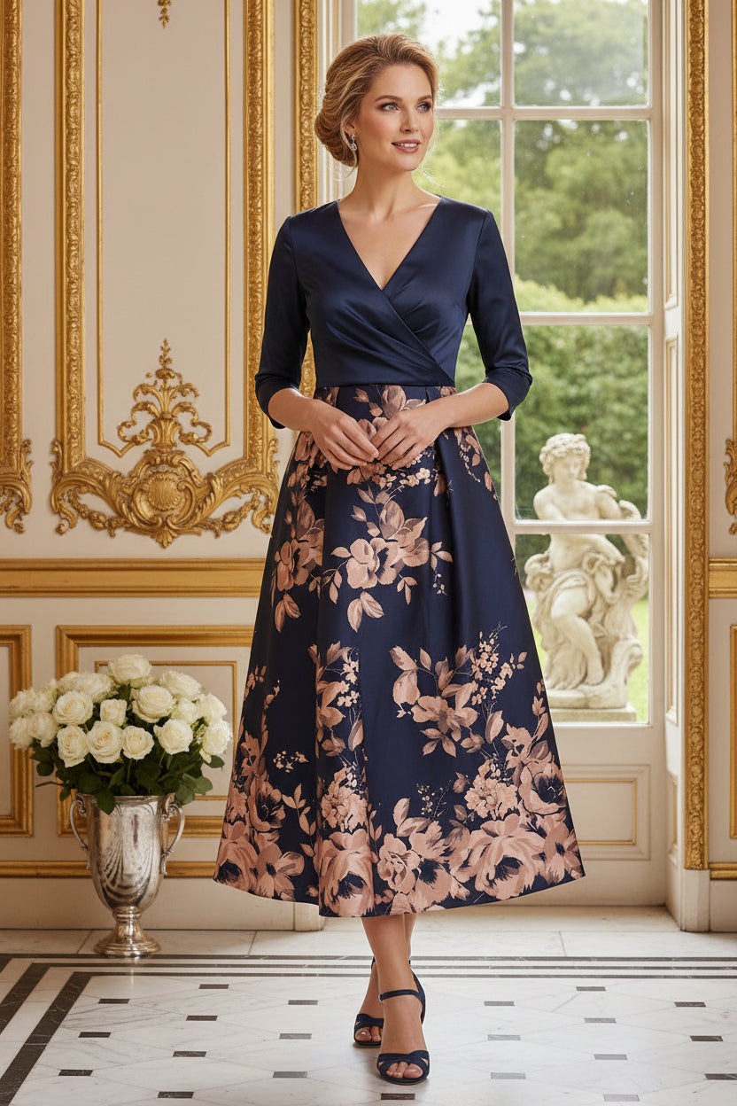 Floral Print V-Neck Midi Dress with 3/4 Sleeves