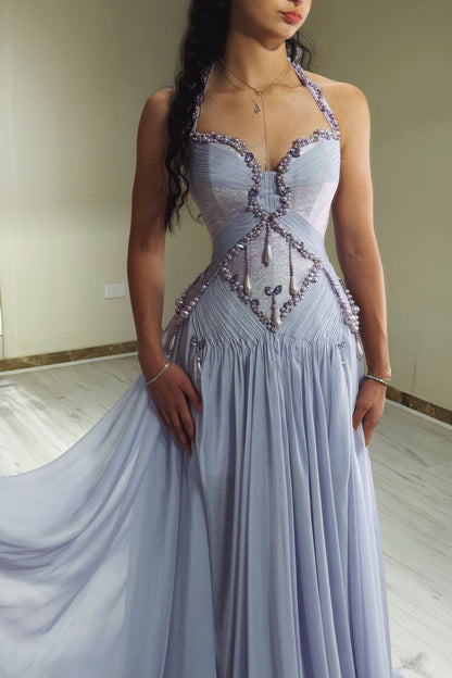 Pearl-Beaded Halter Pleated Corset Maxi Gown