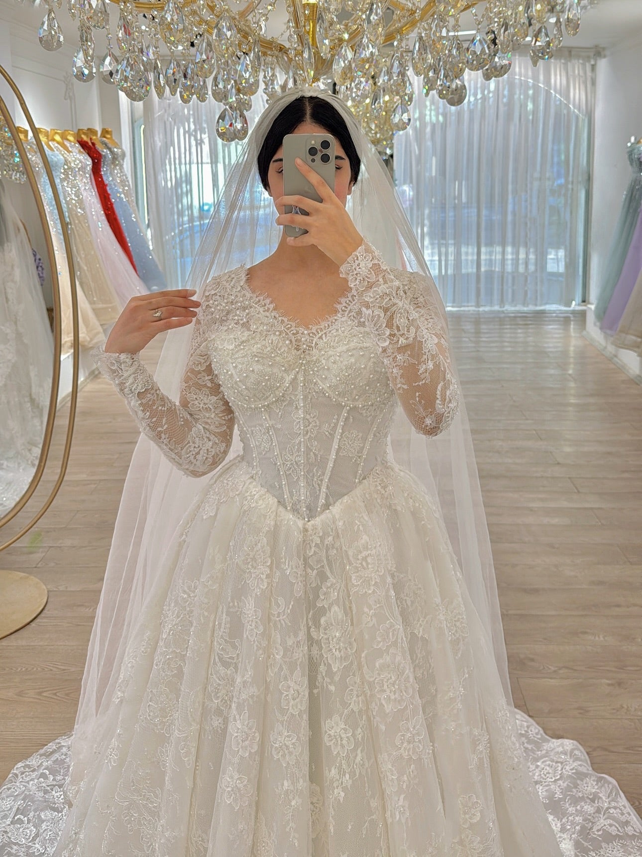 Corset Lace Ball Gown Wedding Dress with Long Sleeves