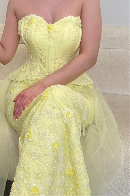Strapless Corset Peplum Gown with Floral Beading