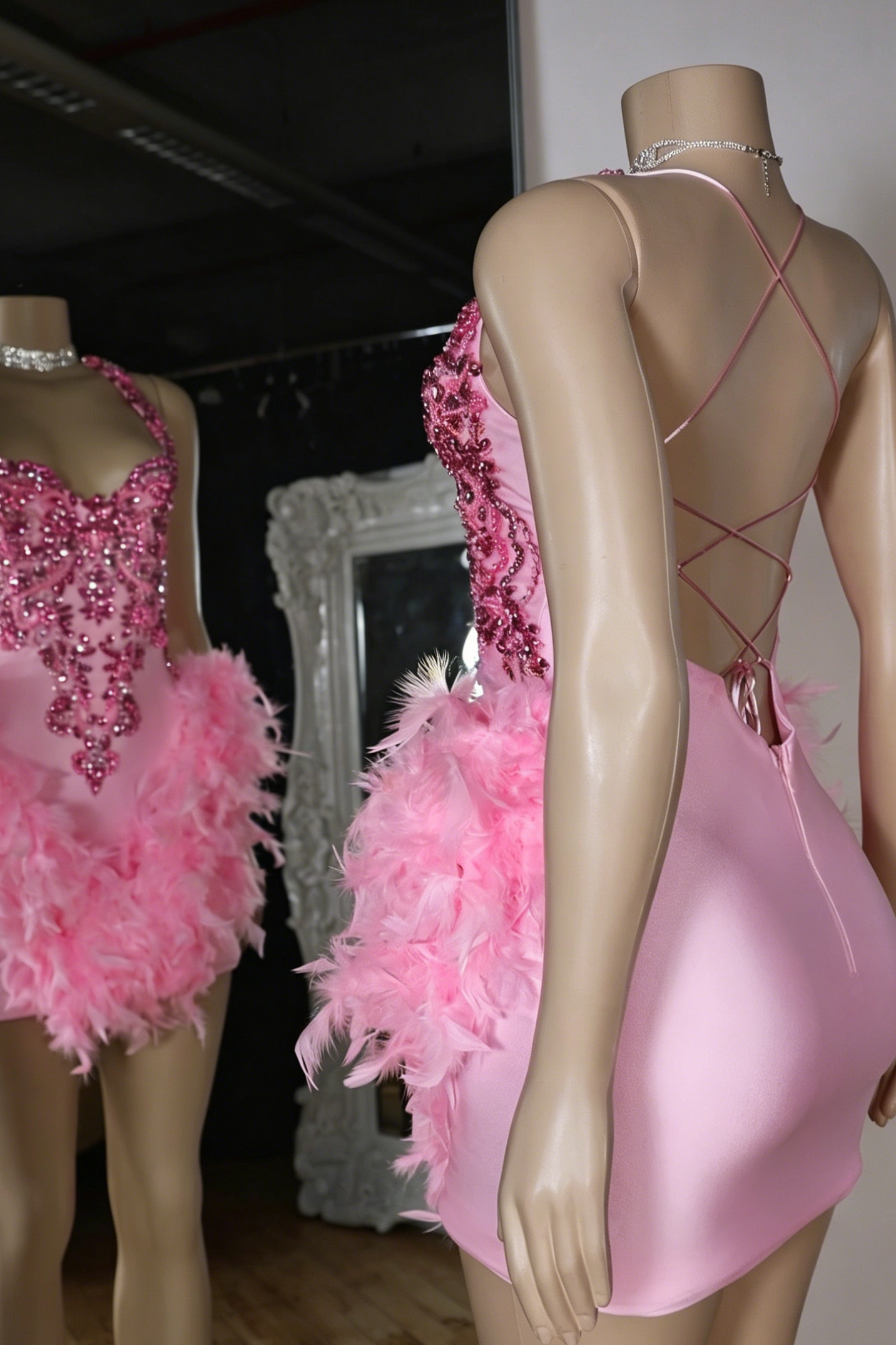 Crystal Beaded Halter Feather Mini Dress