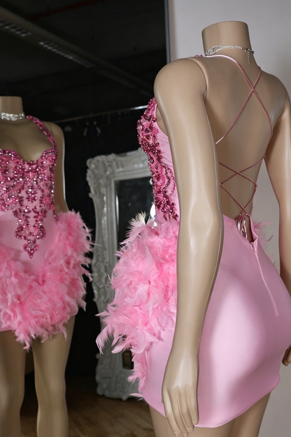 Crystal Beaded Halter Feather Mini Dress