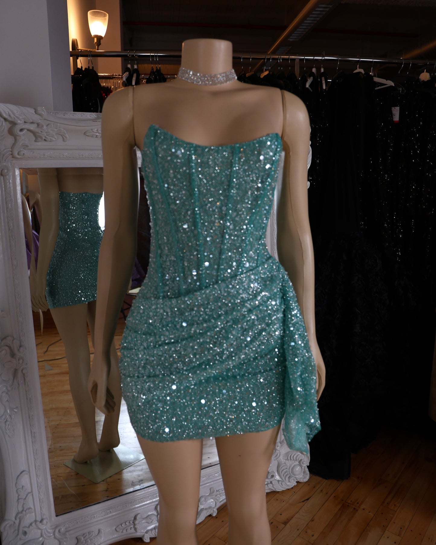 Strapless Corset Sequin Mini Dress with Asymmetrical Drape