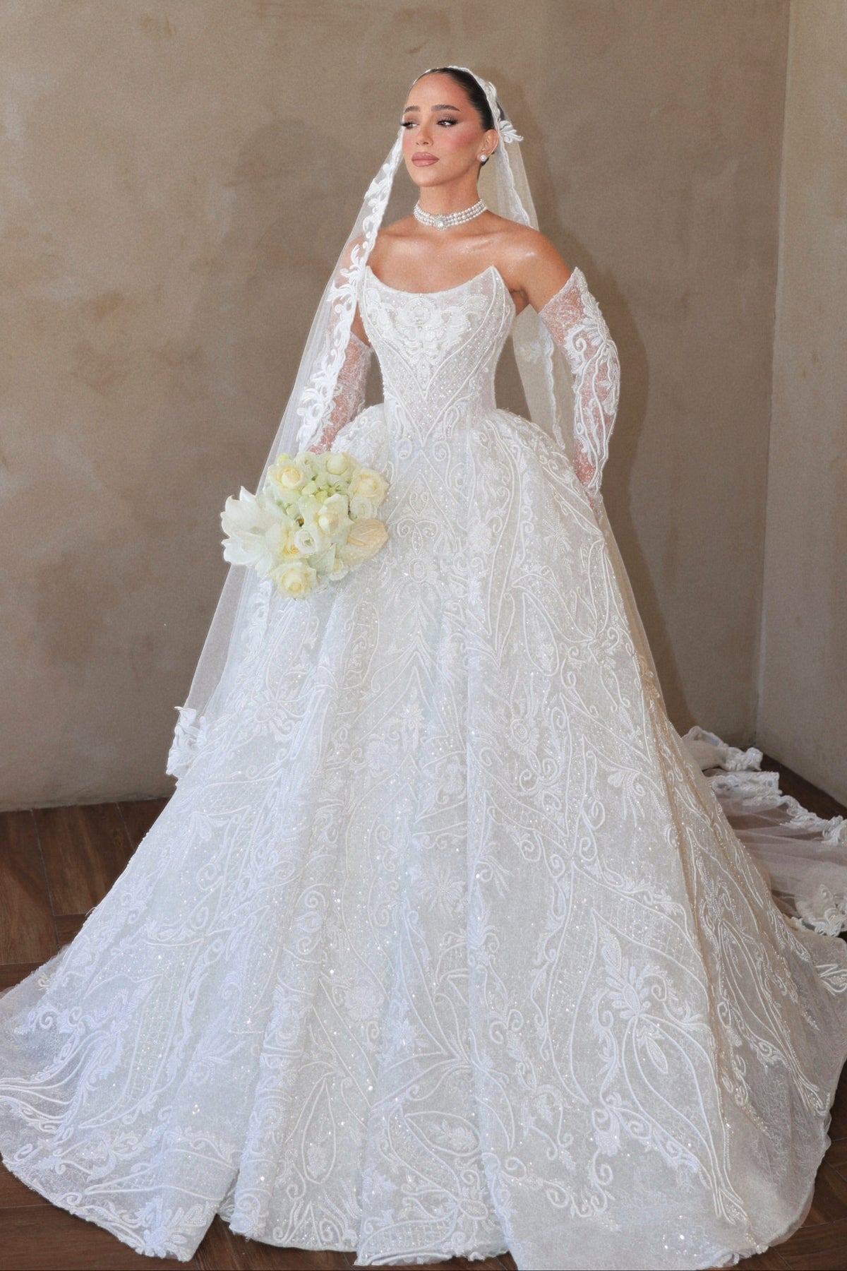 Embroidered Ball Gown Wedding Dress with Sleeves