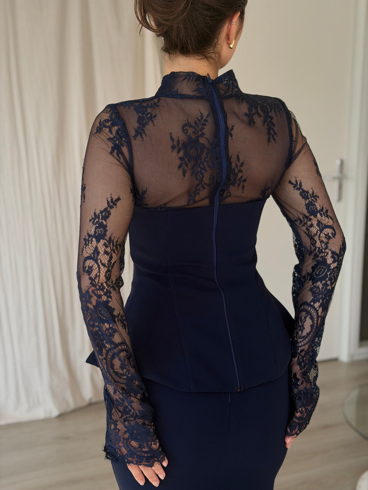High-Neck Lace Long Sleeve Peplum Mermaid Gown