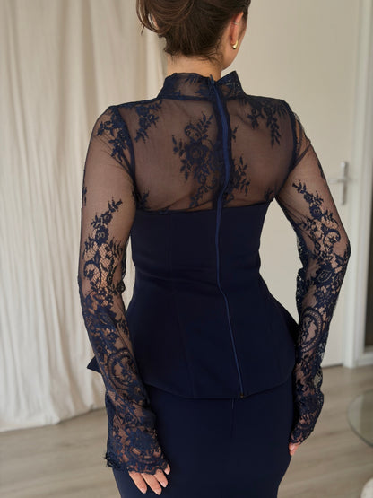 High-Neck Lace Long Sleeve Peplum Mermaid Gown