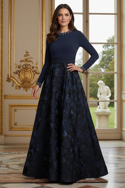 Embellished Long Sleeve Gown with Pleated Jacquard Skirt