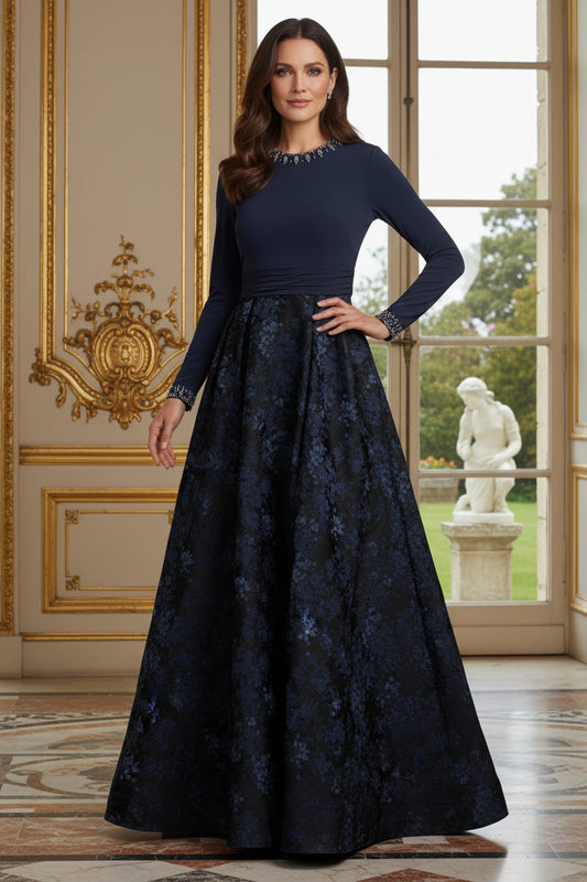 Embellished Long Sleeve Gown with Pleated Jacquard Skirt