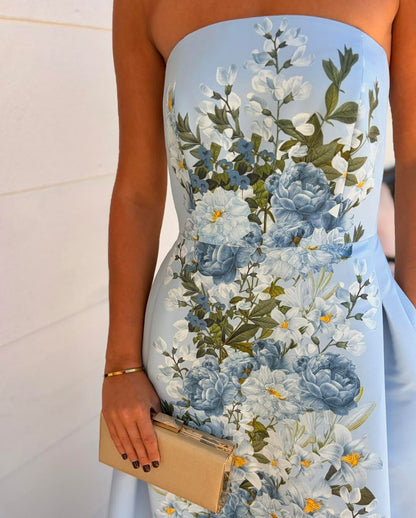 Strapless Floral Print A-Line Formal Gown