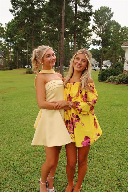 Strapless Pleated Halter Scarf Fit and Flare Mini Dress