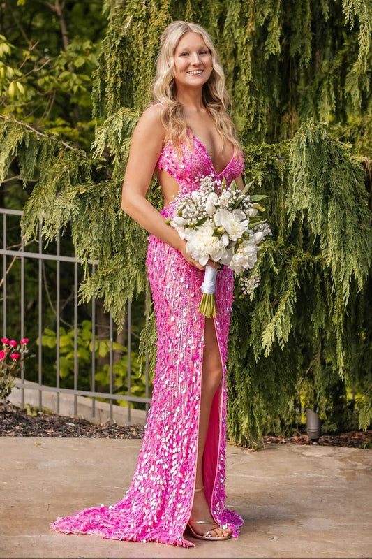 Sequin Open Back High Slit Evening Gown