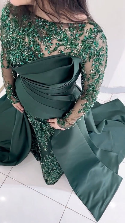 Beaded Sheer Bodice Gown with Draped Overskirt