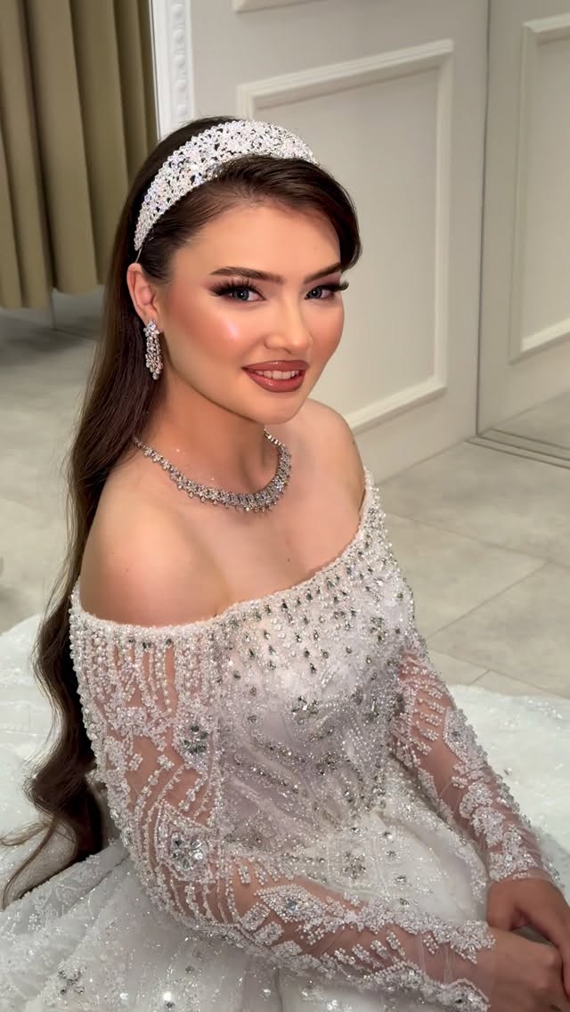 Off-the-Shoulder Beaded Long-Sleeve Ball Gown
