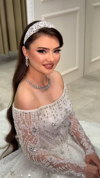 Off-the-Shoulder Beaded Long-Sleeve Ball Gown