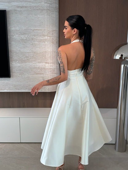 Halter V-Neck Satin A-Line Midi Dress