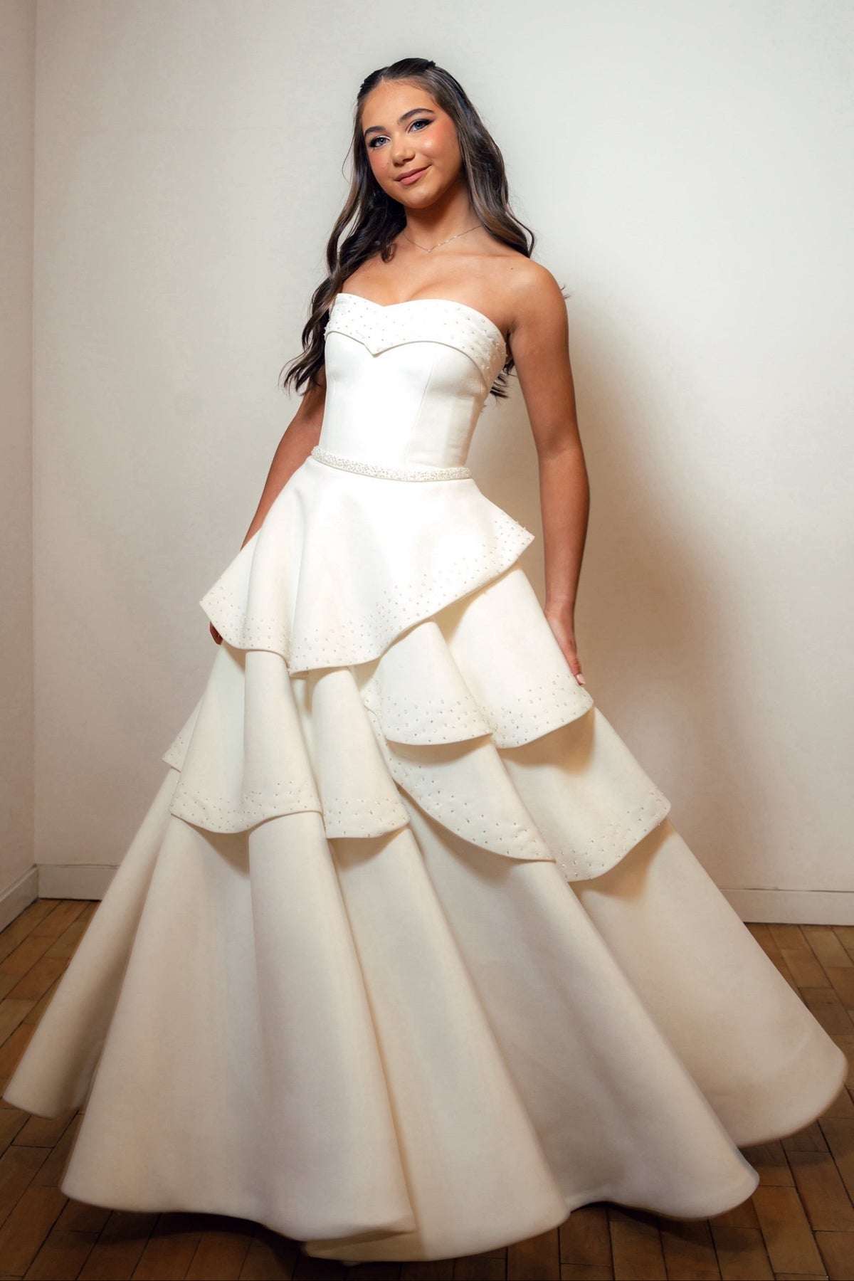 Strapless Tiered Ball Gown with Beaded Details
