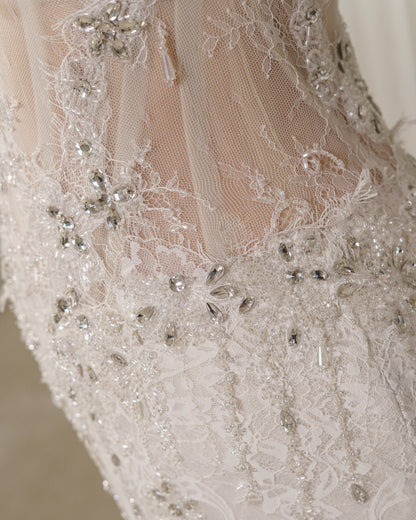 High Neck Long Sleeve Lace Wedding Dress with Overskirt