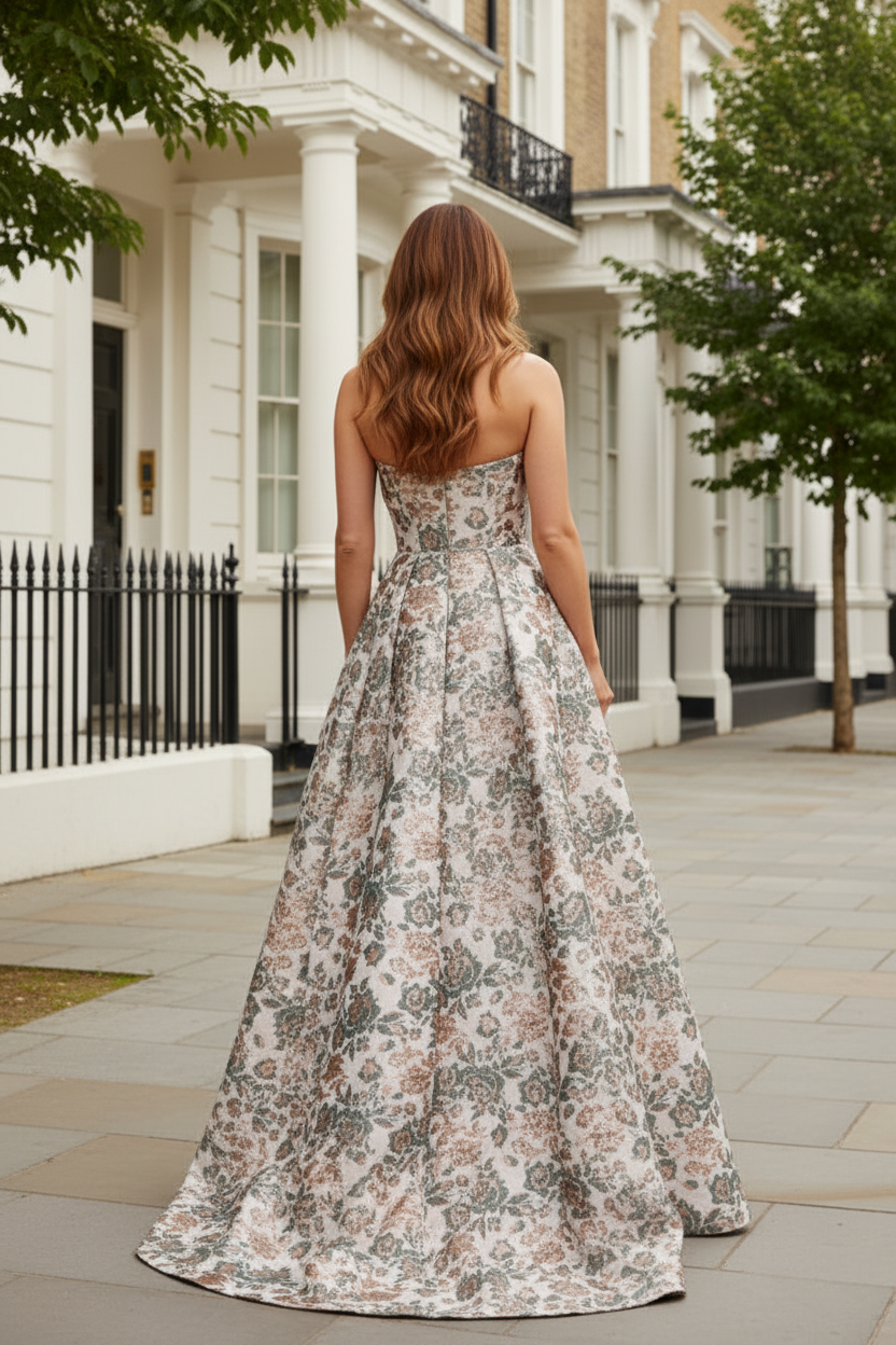 Strapless Floral Jacquard A-Line Evening Gown