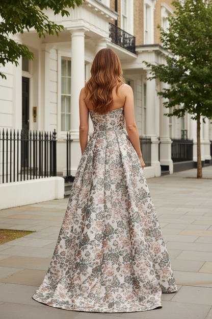 Strapless Floral Jacquard A-Line Evening Gown