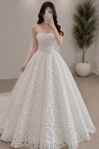 Strapless Rose Lace Basque Waist Ball Gown Wedding Dress
