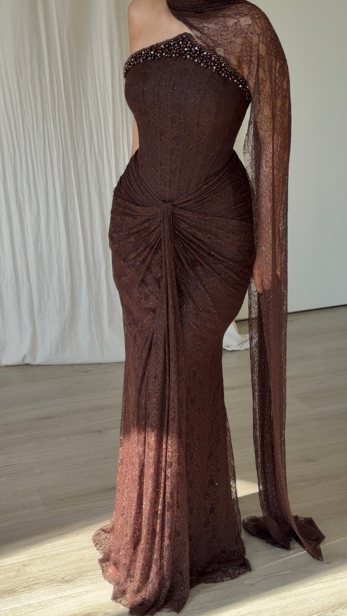 Corset Lace Gown with One-Shoulder Cape Drape
