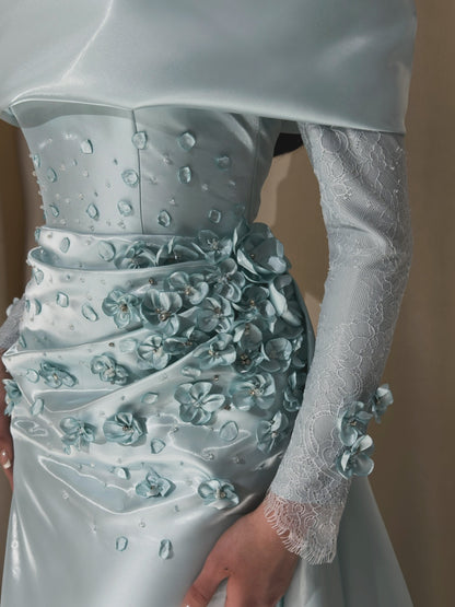 High-Neck Satin Gown with 3D Flowers and Shawl