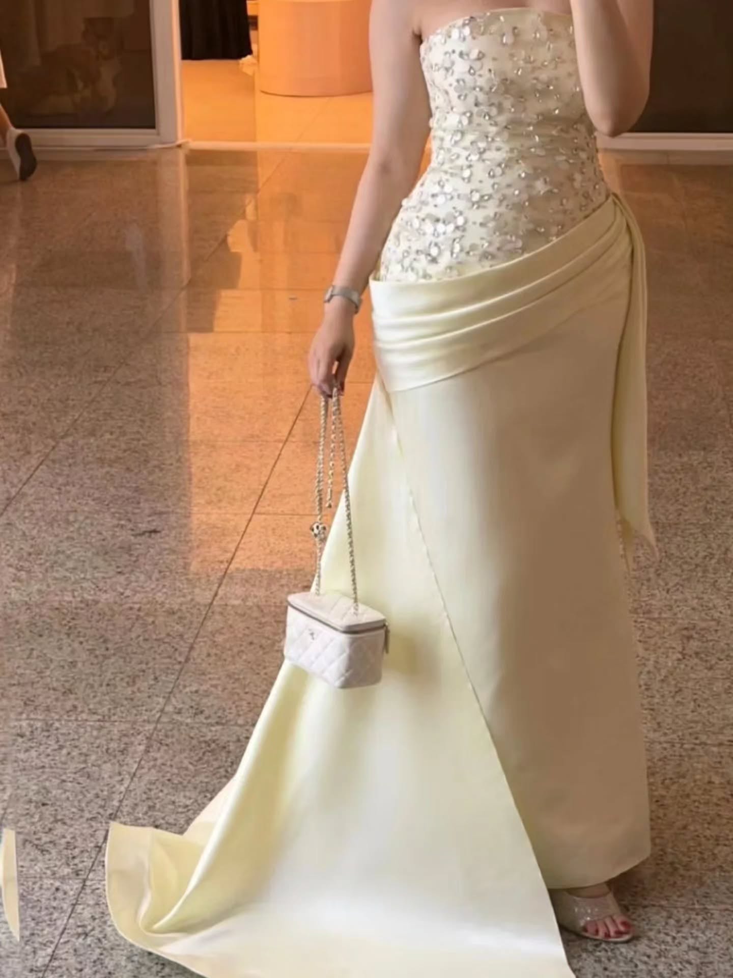 Strapless Beaded Satin Evening Gown