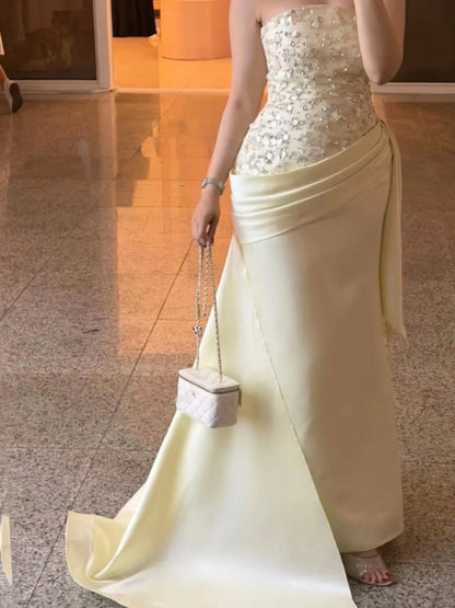 Strapless Beaded Satin Evening Gown