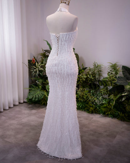 Beaded Halter Deep V Mermaid Evening Gown with Slit