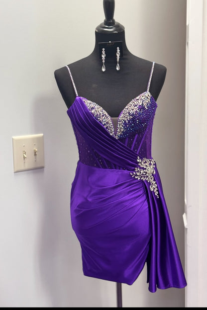 Rhinestone Corset Ruched Satin Homecoming Dress