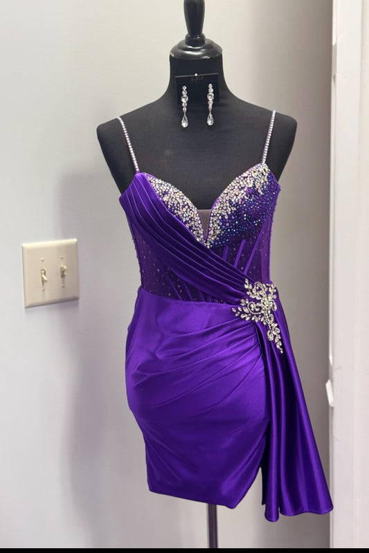 Rhinestone Corset Ruched Satin Homecoming Dress