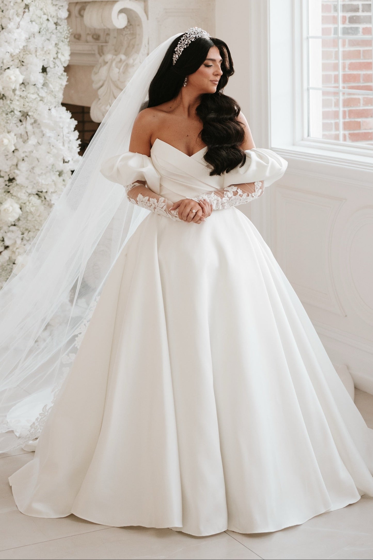 Off-the-Shoulder Satin Ball Gown Wedding Dress