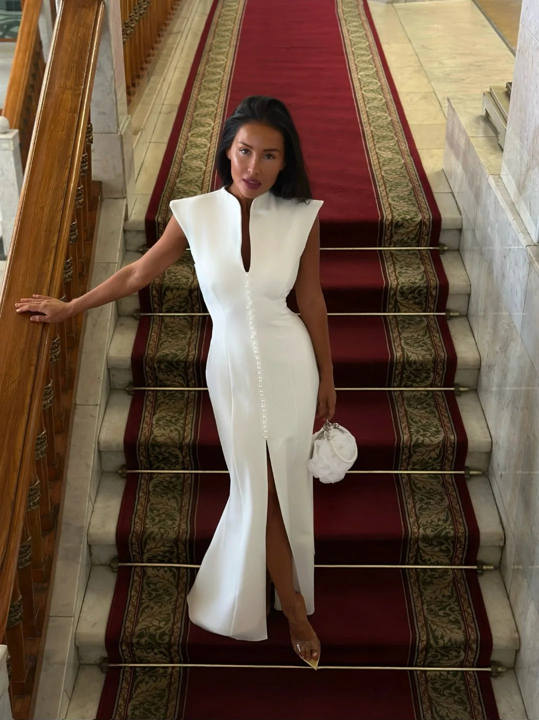 Cap Sleeve V-Neck Slit Gown with Button Placket