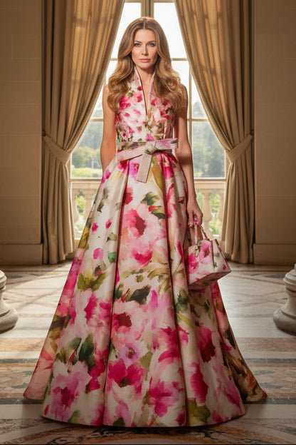 Floral Print Sleeveless Ball Gown with Sash and Pockets