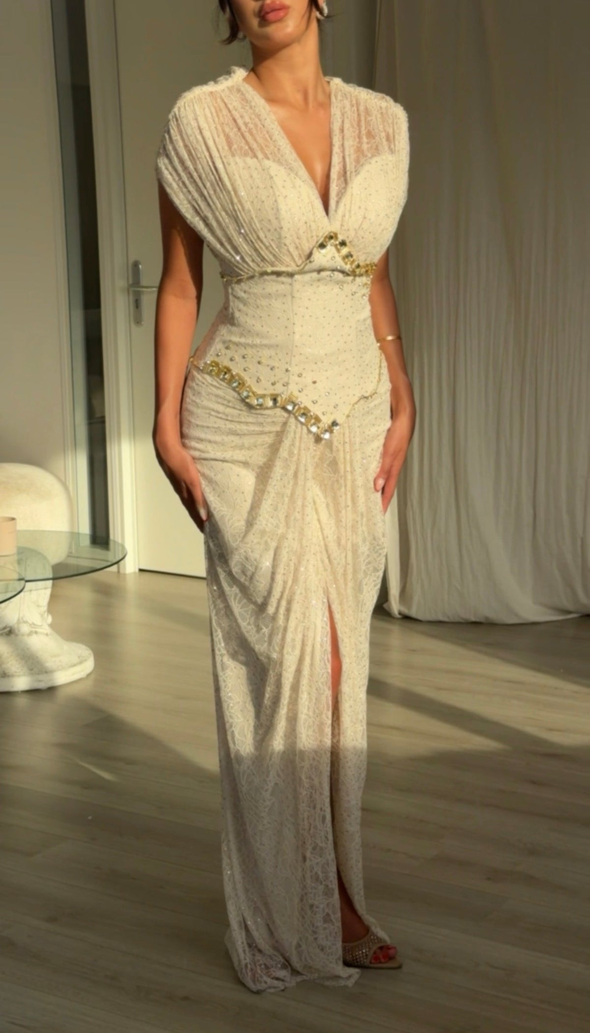 Off-Shoulder Ruched Gown with Crystal Trim