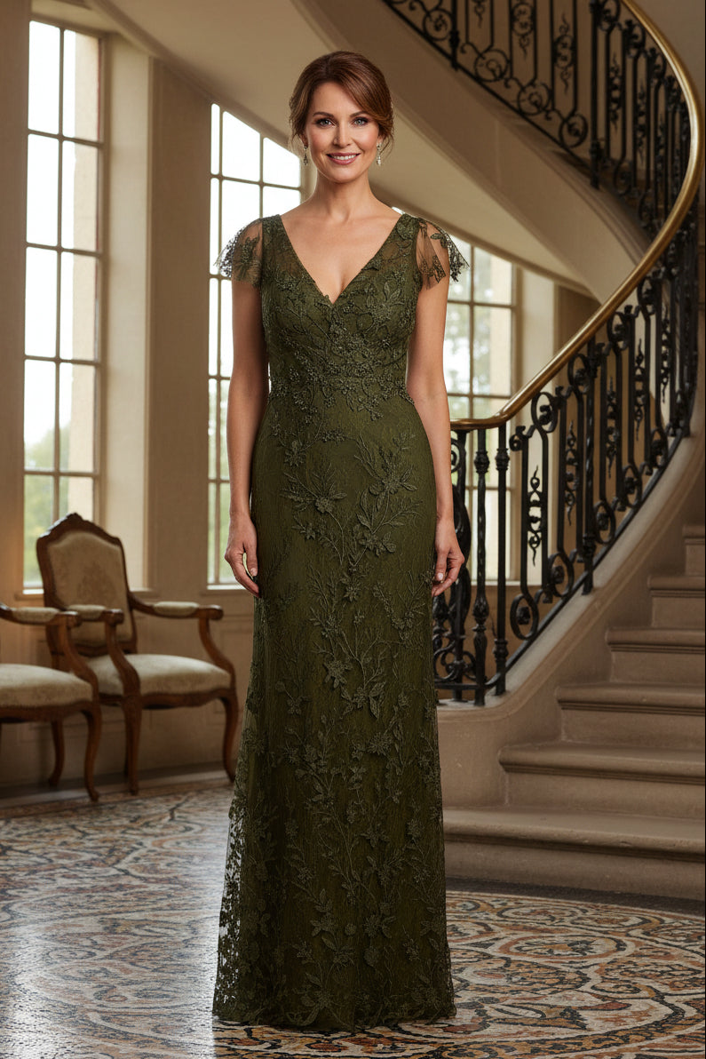 Floral Lace Flutter Sleeve Floor-Length Gown